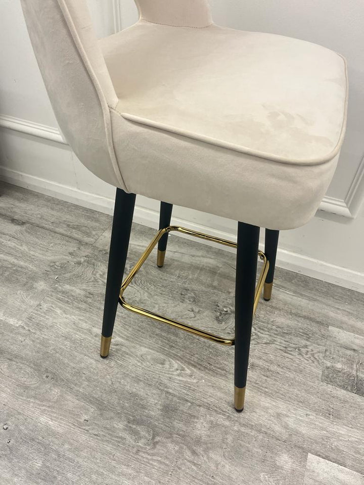 Astra Barstool Cream leather and Cream Velvet rotating Gold tip legs - Estelle Decor