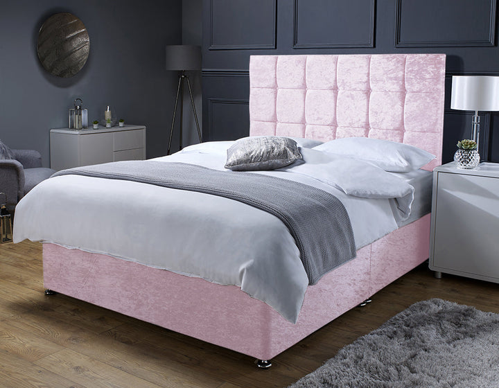 Childrens Divan bed set with Drawer Cubed Headboard Pink Blue Velvet - Estelle Decor