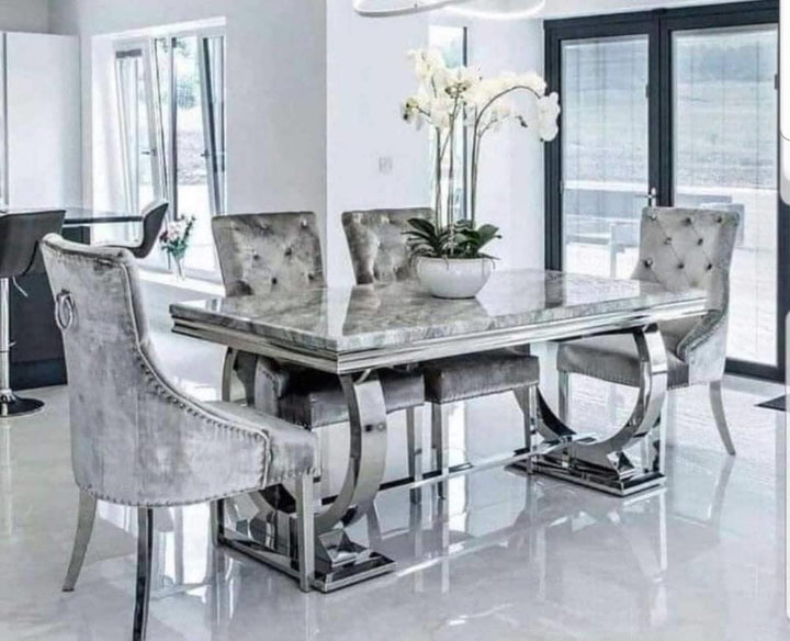 Arriana Marble Top Dining table with Circular Metal Stands - Estelle Decor