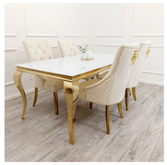 Gold Louis Glass top Dining Table with Gold Long Metal legs - Estelle Decor