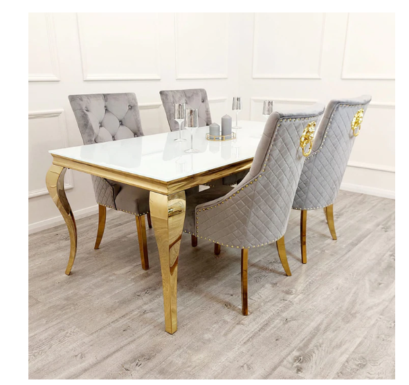 Gold Louis Glass top Dining Table with Gold Long Metal legs - Estelle Decor